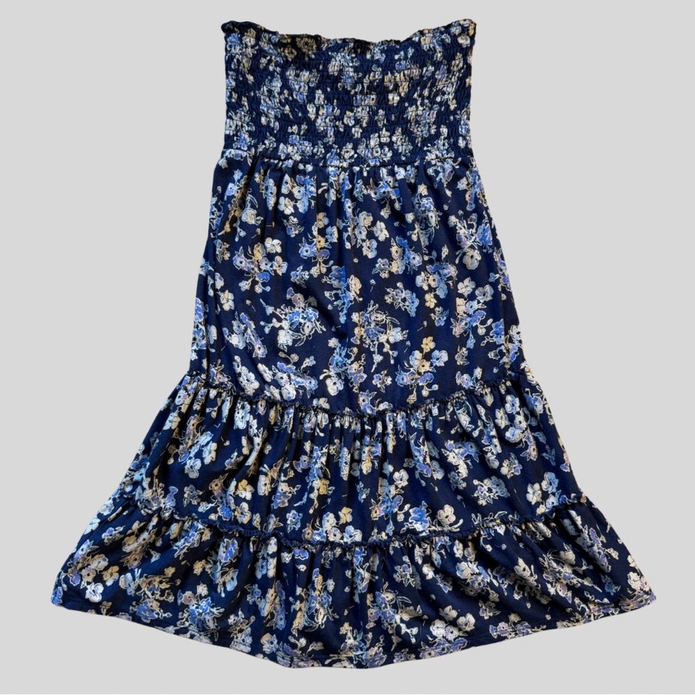 EXPRESS Earthy Floral Print Mini Dress, Navy, Strapless, Curve Hugging, ruffles
